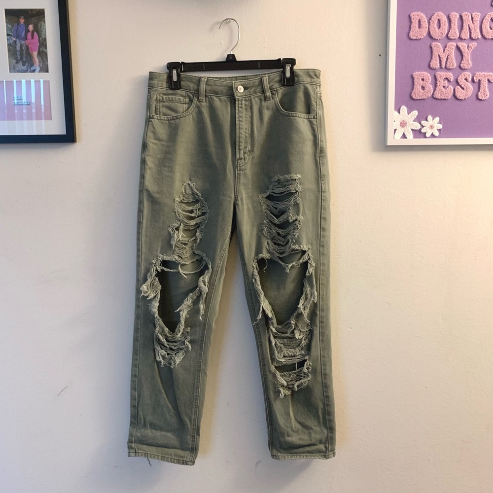 American Eagle Ripped Mom Jeans Distressed Denim High Rise Olive Green 10 XSHORT